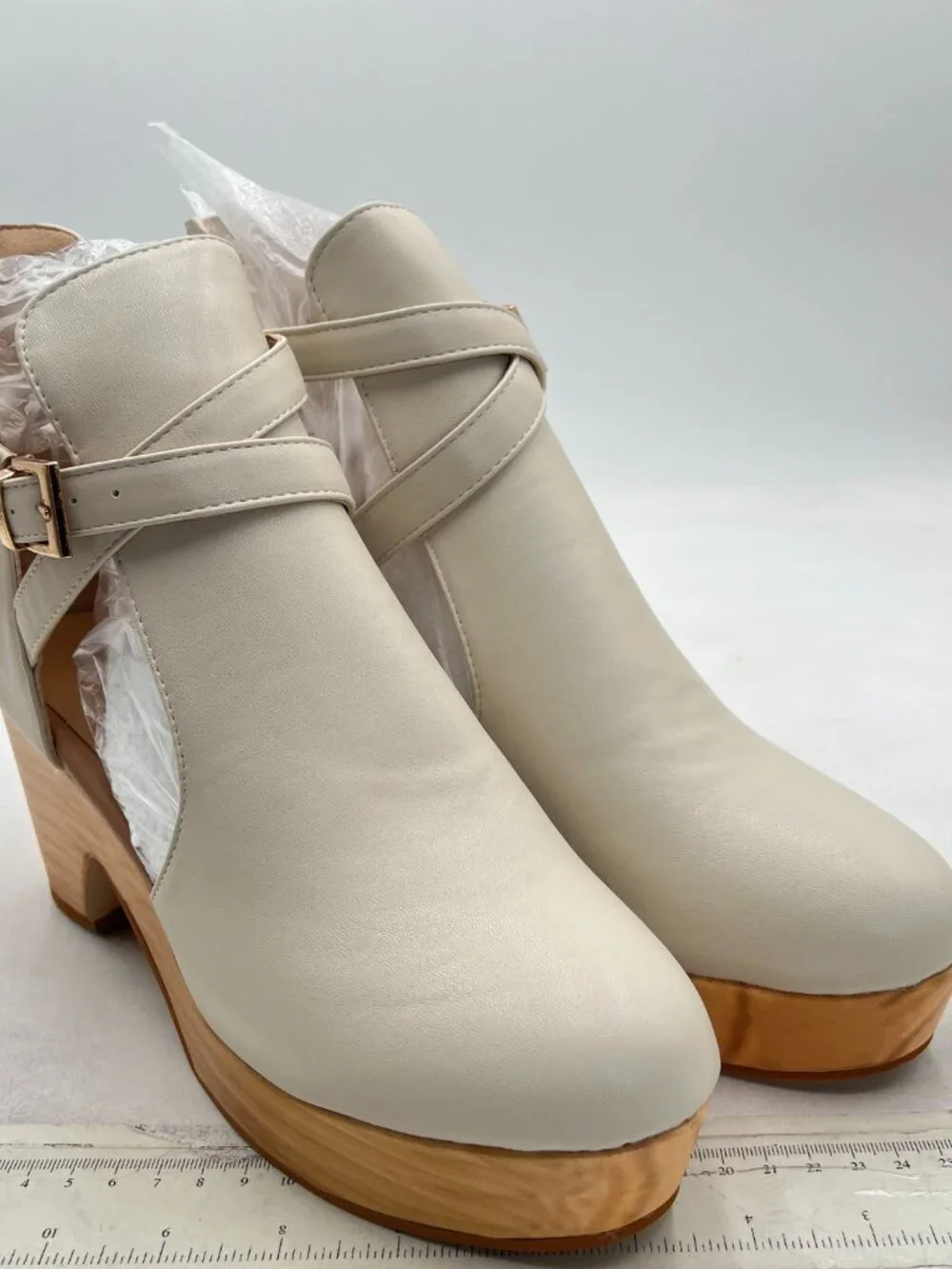 Beige Platform Rounded Toe Cutout Strap Buckle Cork Block High Heels Ankle Boot